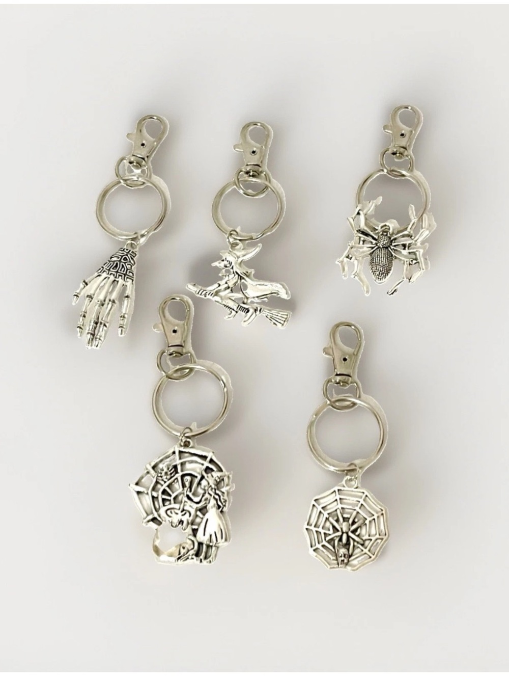 5pc Halloween Keychain Set Silver Gothic Alloy Spider Web Witch Skeleton Hand
